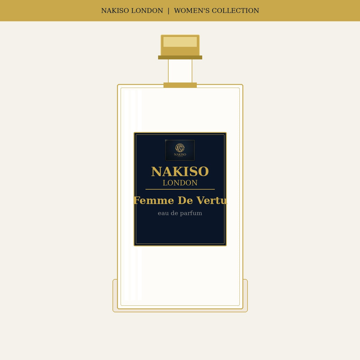 Nakiso London Femme De Vertu perfume bottle packaging on a white background