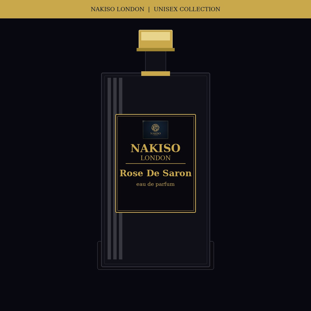 Nakiso London Rose De Saron perfume bottle packaging on a black background