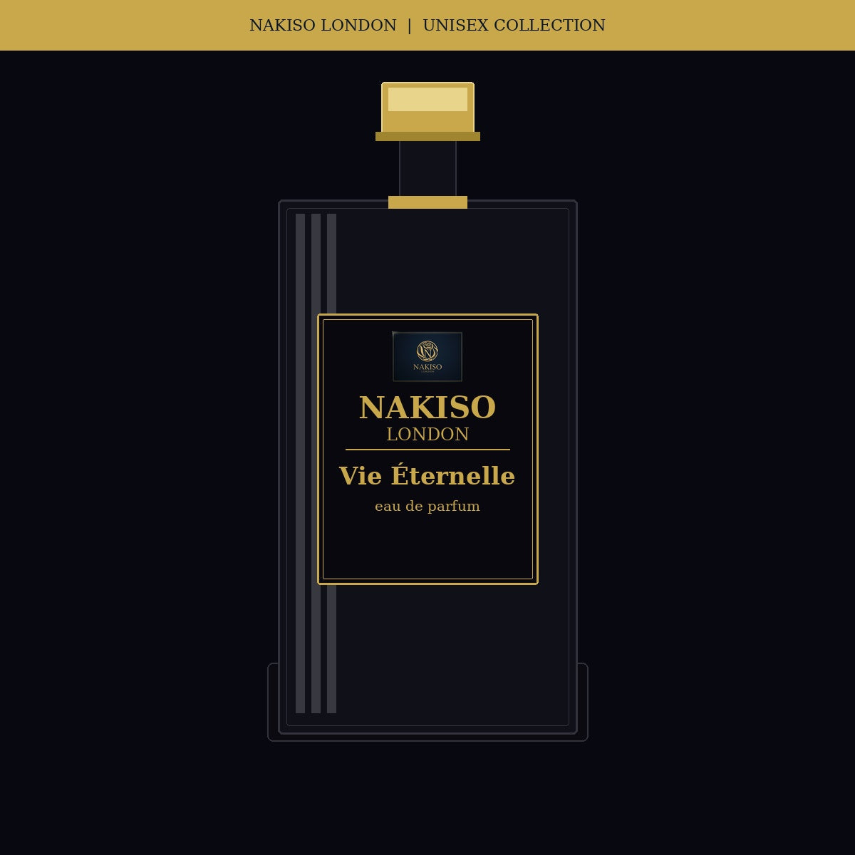 Nakiso London Vie Éternelle perfume bottle packaging on a black background