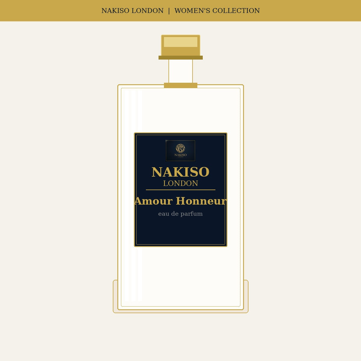 Nakiso London Amour Honneur perfume bottle packaging on a white background