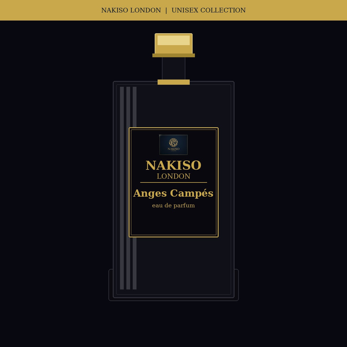 Nakiso London Anges Campés perfume bottle packaging on a black background