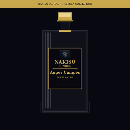 Nakiso London Anges Campés perfume bottle packaging on a black background