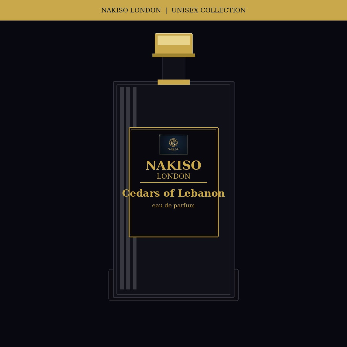 Nakiso London Cedars of Lebanon perfume bottle on a black background