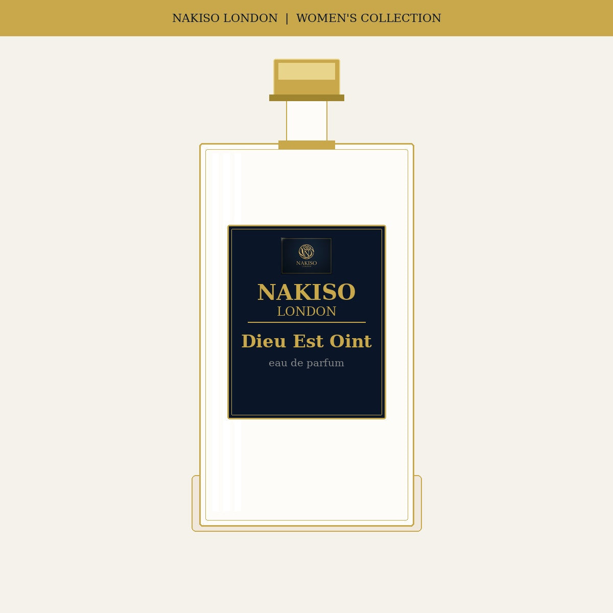 Nakiso London Dieu Est Oint perfume bottle packaging on a beige background