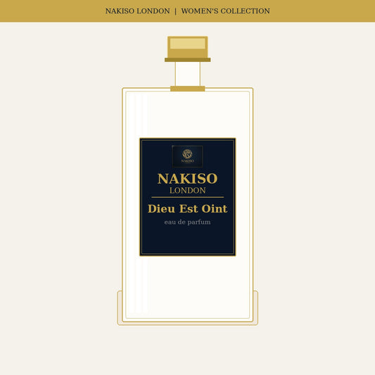 Nakiso London Dieu Est Oint perfume bottle packaging on a beige background