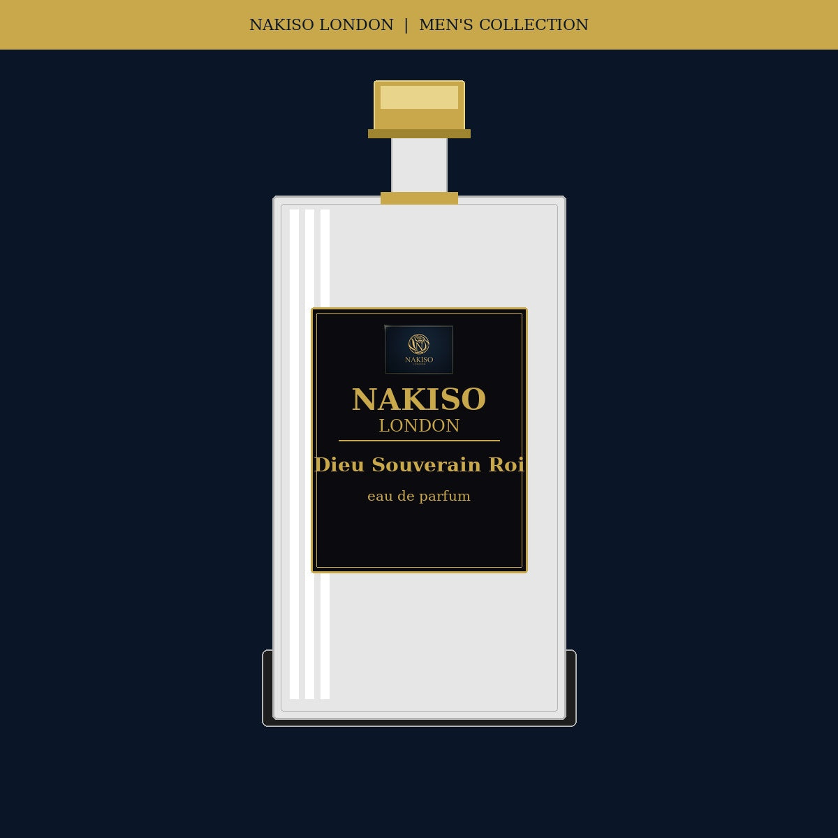 Nakiso London Dieu Souverain Roi perfume bottle on a dark background