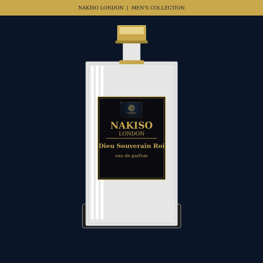 Nakiso London Dieu Souverain Roi perfume bottle on a dark background