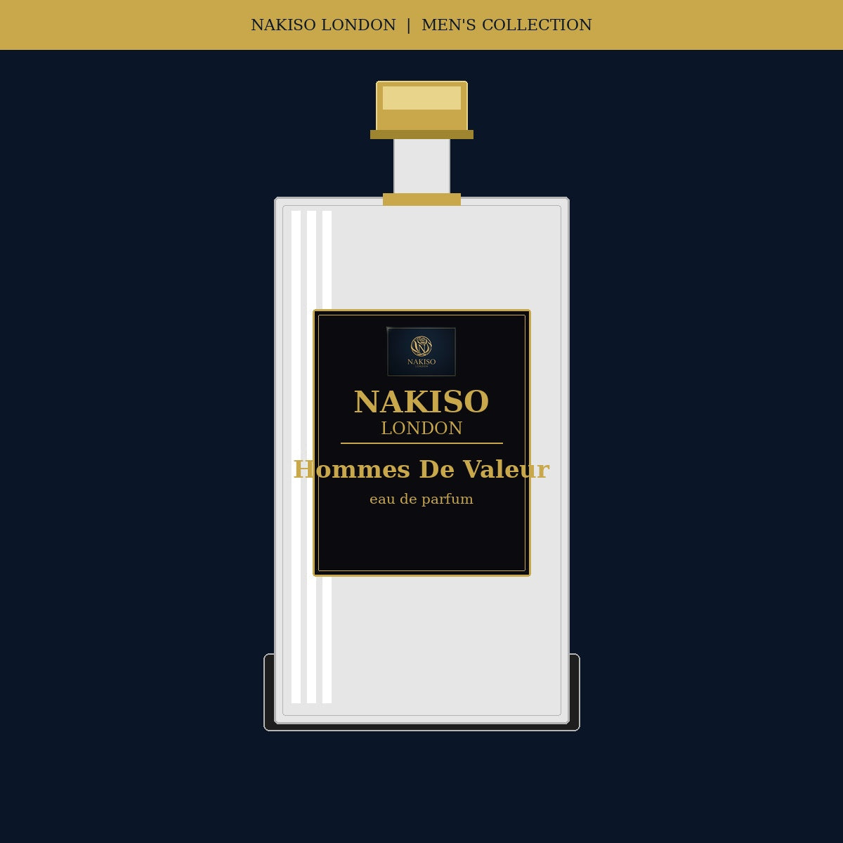 Nakiso London Hommes De Valeur perfume bottle on a dark background