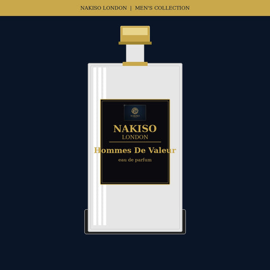 Nakiso London Hommes De Valeur perfume bottle on a dark background