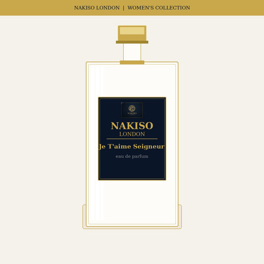 Nakiso London Je T'aime Seigneur perfume bottle packaging on a white background