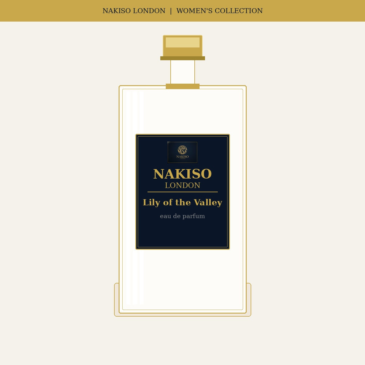 Nakiso London Lily of the Valley perfume bottle packaging on a white background
