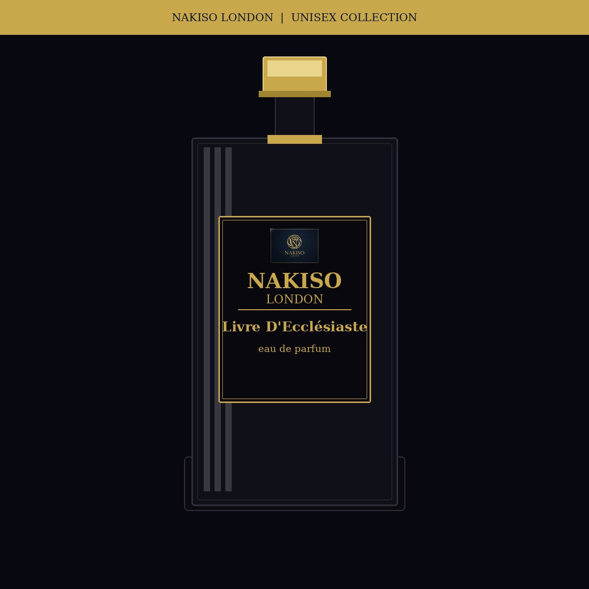 Nakiso London Livre D'Ecclésiaste perfume bottle packaging on a black background