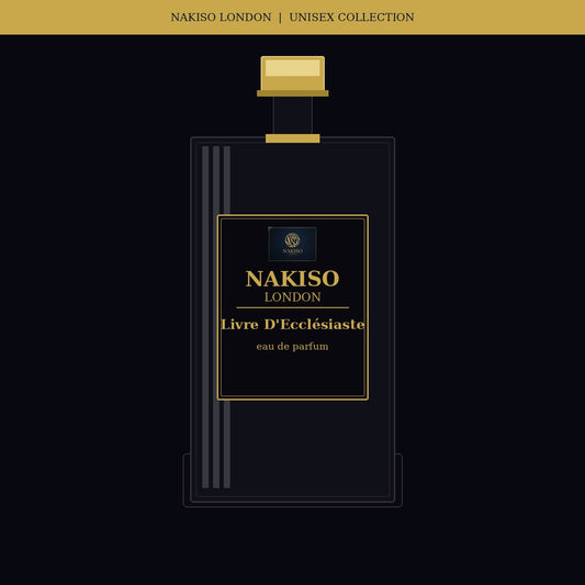 Nakiso London Livre D'Ecclésiaste perfume bottle packaging on a black background