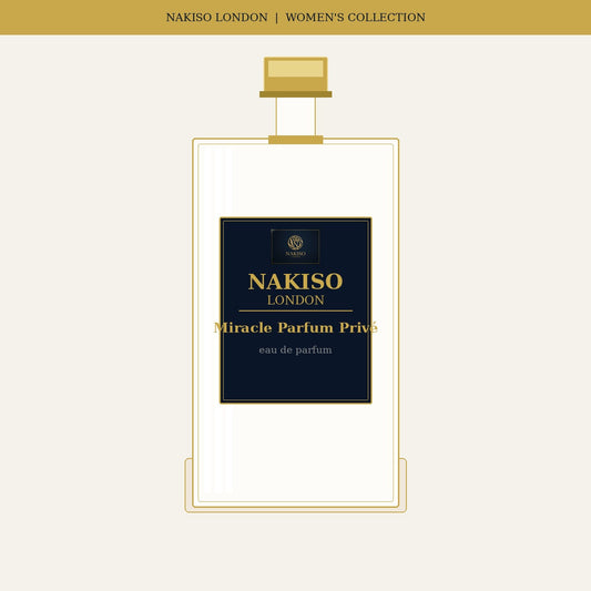 Nakiso London Miracle Parfum Privé perfume bottle packaging on a white background
