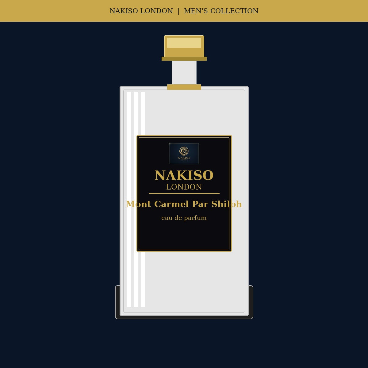 Nakiso London Mont Carmel Par Shiloh men's perfume bottle on a dark background