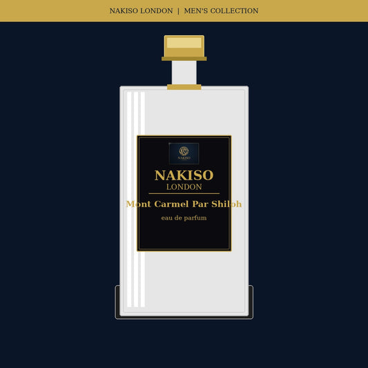 Nakiso London Mont Carmel Par Shiloh men's perfume bottle on a dark background