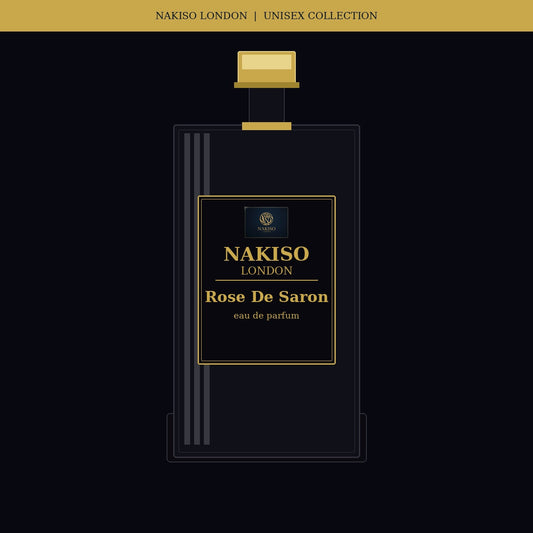 Nakiso London Rose De Saron perfume bottle packaging on a black background