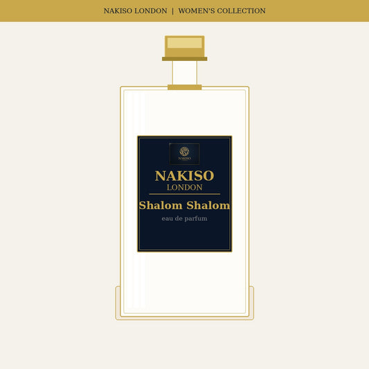 Nakiso London Shalom Shalom perfume bottle packaging on a white background