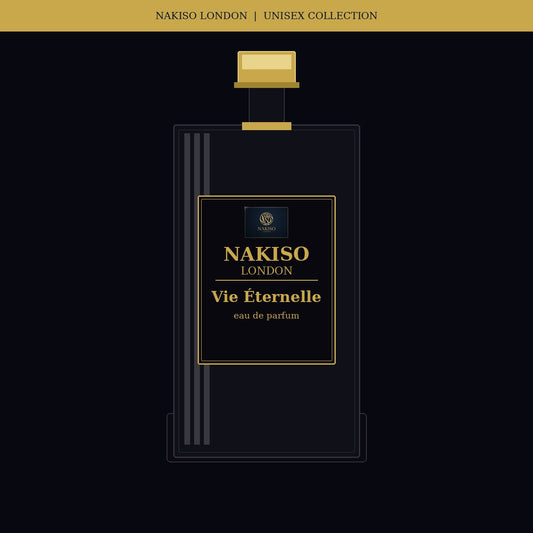 Nakiso London Vie Éternelle perfume bottle packaging on a black background